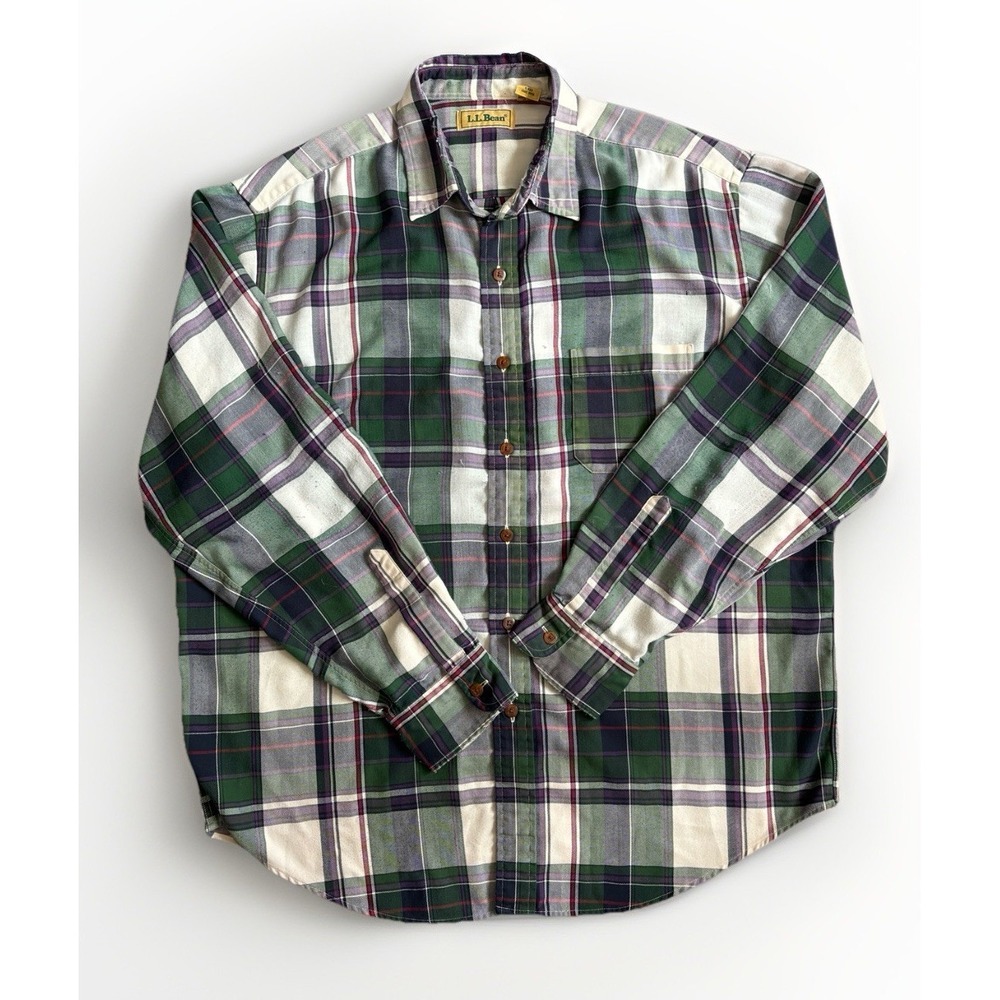 Vintage LL Bean Plaid Flannel Button Up Shirt Mens LG Reg Cotton Polyester G 033